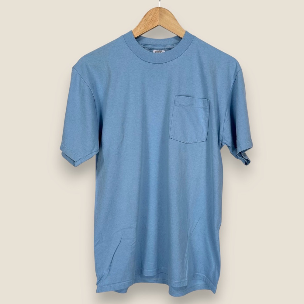 VTG Jerzees Pocket T-Shirt Men Large Blue Made in USA Single Stitch Preshrunk